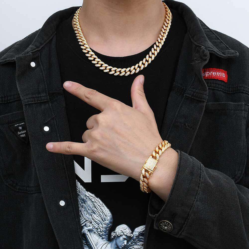 Jewelry 12mm High-Quality Full Dia Cuban Chain Real Gold Plated Hip Hop Men's Necklace Bracelet 4aa7