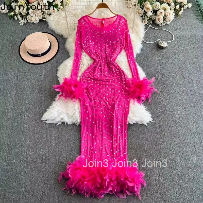 Maxi Dresses for Women O-neck Slim Waist Temperament Robe Femme Gauze Diamond Feather Sexy Party Dress 2025 Vestidos De Mujer