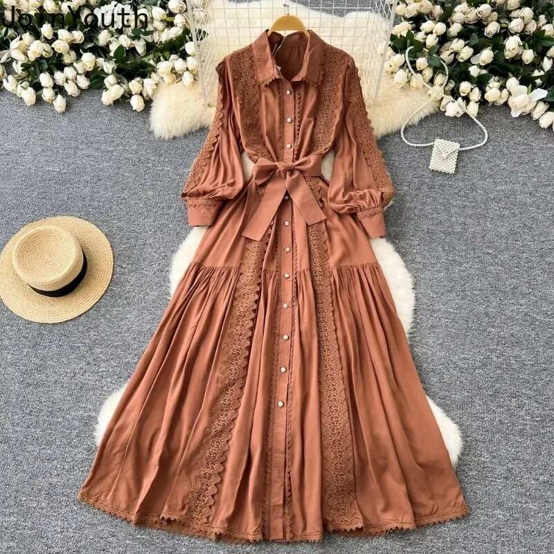 Vintage Robe Femme Turn-down Collar Lantern Sleeve Dress Lace Bandage Bow Slim Fit Big Swing Maxi Dresses Elegant Vestido Femme