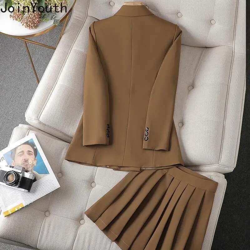 Temperament Skirt Outfits Korean Chic 2 Piece Set Womens Clothing Double-breasted Tunic Jackets High Waist Pleated Mini Skirts
