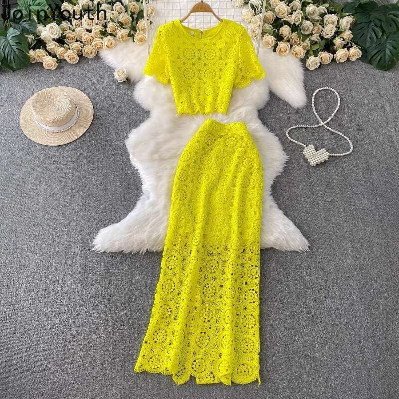 Skirt Suit 2 Piece Sets Women Outfits Summer Clothing O-neck Short Sleeve Crop Tops Bodycon Tunic Skirts Hollow Out Korean Set