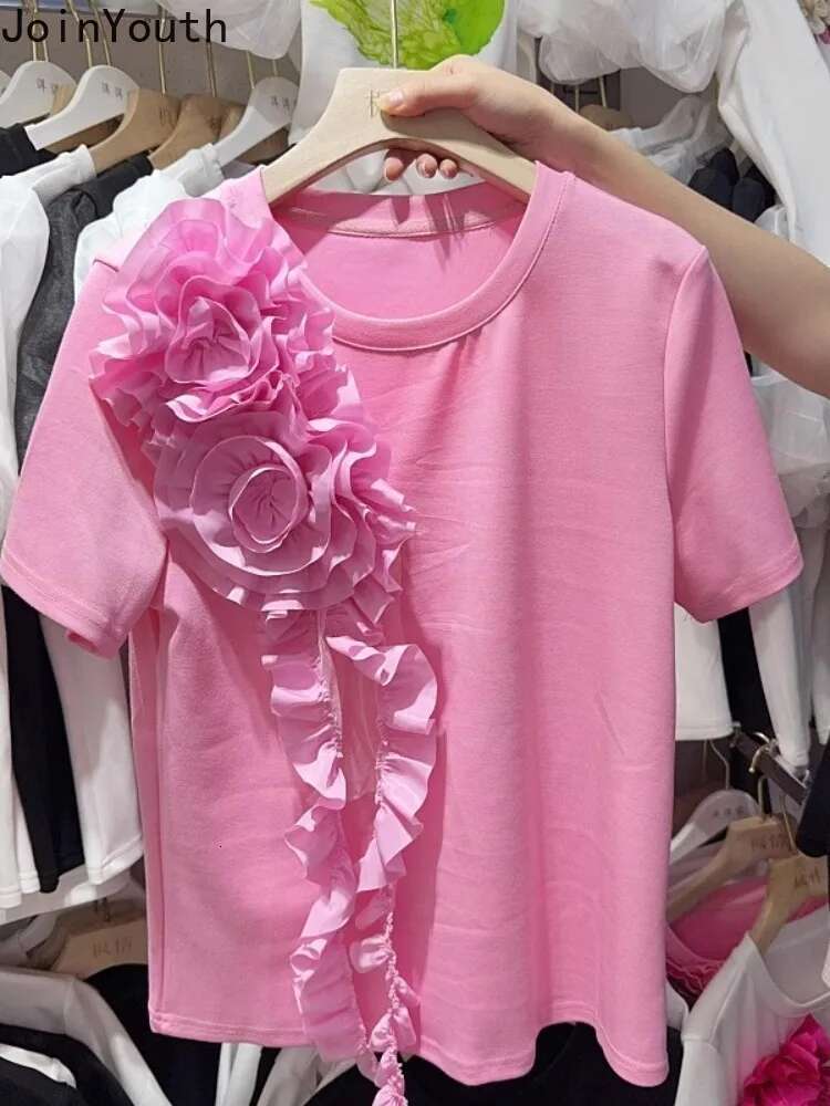 2025 Women Clothing Summer T Shirts 3D Floral Sweet Camisetas Ropa Mujer Short Sleeve O-neck Tees Loose Chic White T-shirt Tops