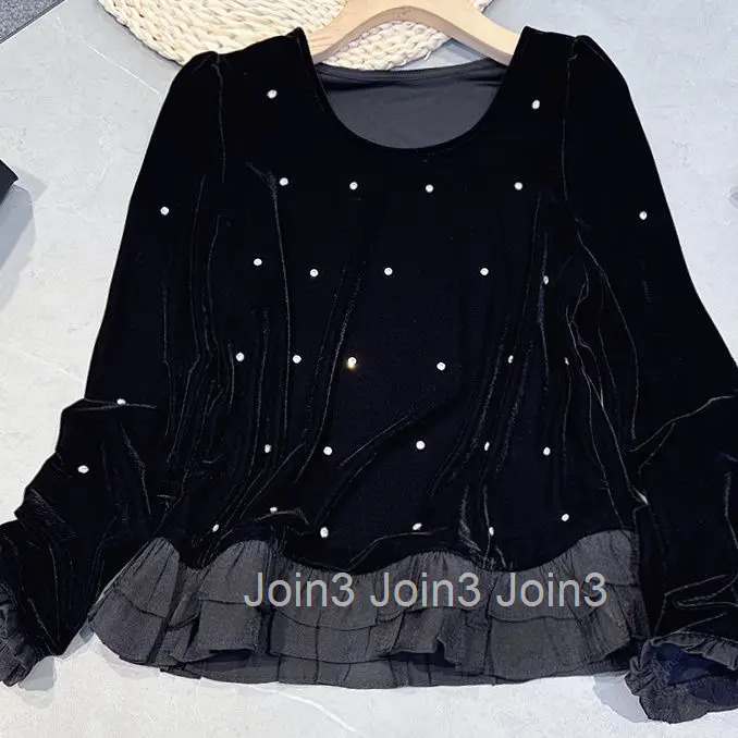 Velvet T Shirts Womens Clothing Long Sleeve O-neck Ruffles Tees Heavy Diamond Slim Fit Camisetas Korean Temperament Tshirt Tops