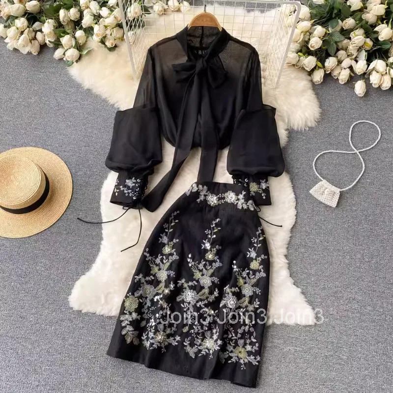 Womans Clothes for 2025 Two Piece Sets Badage Bow Shirts High Waist Bodycon Embroidery Skirt Outfits Roupas Femme Vintage Set