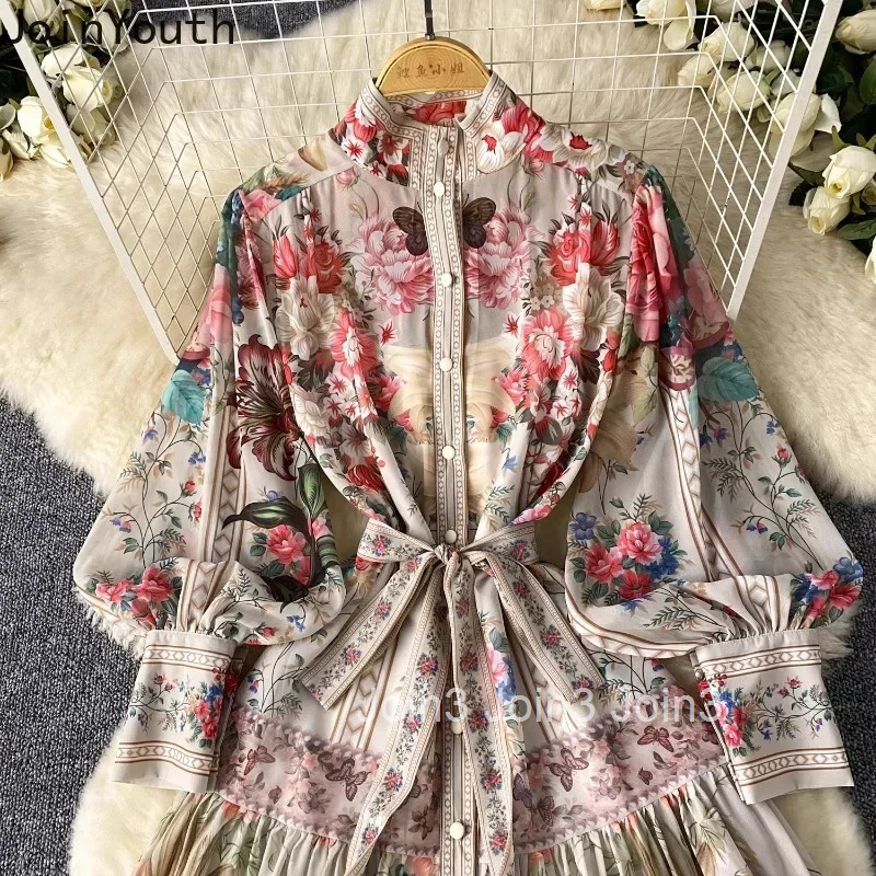 Temperament Robe Femme Vintage Long Dress Floral Big Swing Dresses Bandage Lantern Sleeve Maxi Dress Women Party Vestido