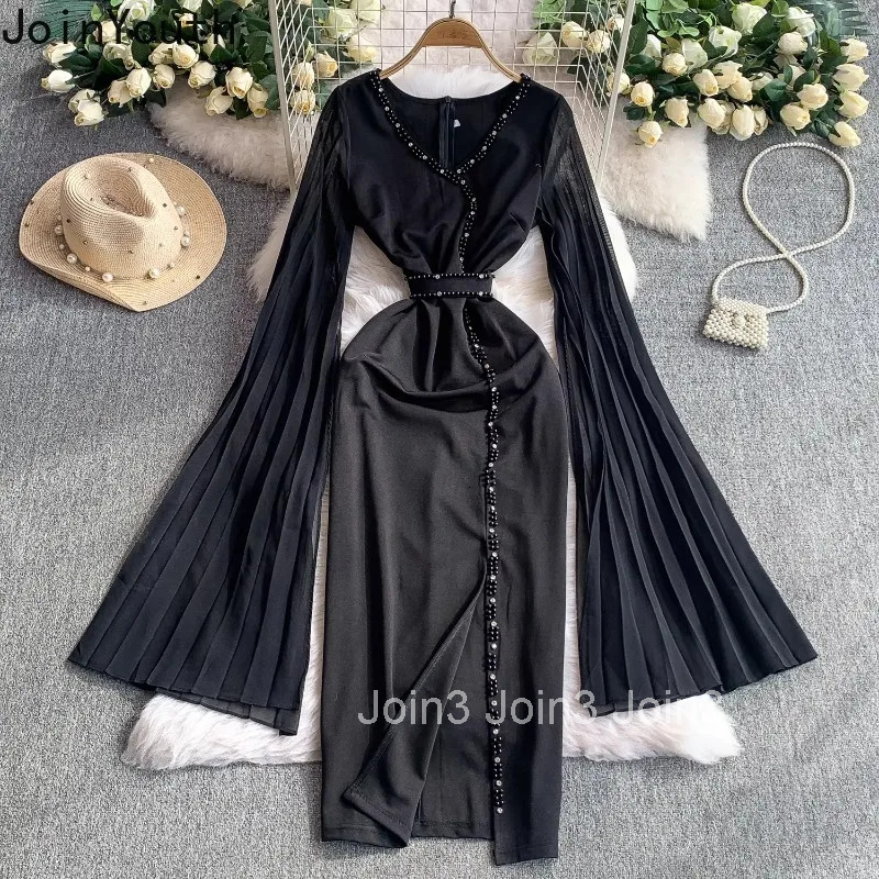 2025 Vestidos De Mujer Elegant Bodycon Dresses for Women V-neck Flare Sleeve Beading Tunic Robe Femme Split Temperament Dress