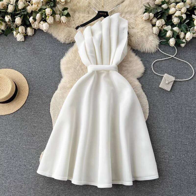 Chic One Shoulder Pleated Sleeveless Solid A-Line High Waist Evening Party Strapless Dress Women Summer Vestidos Clothing