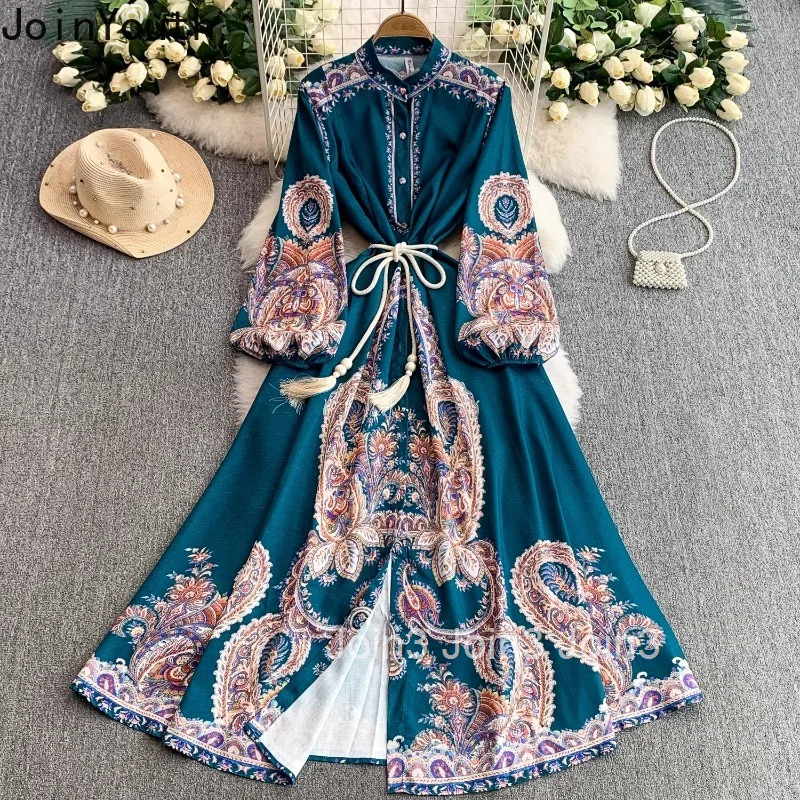 Vintage Womens Dress Stand Neck Lantern Sleeve Slim Waist Floral Robe Femme 2025 Vestidos De Mujer Chic Summer Maxi Dresses