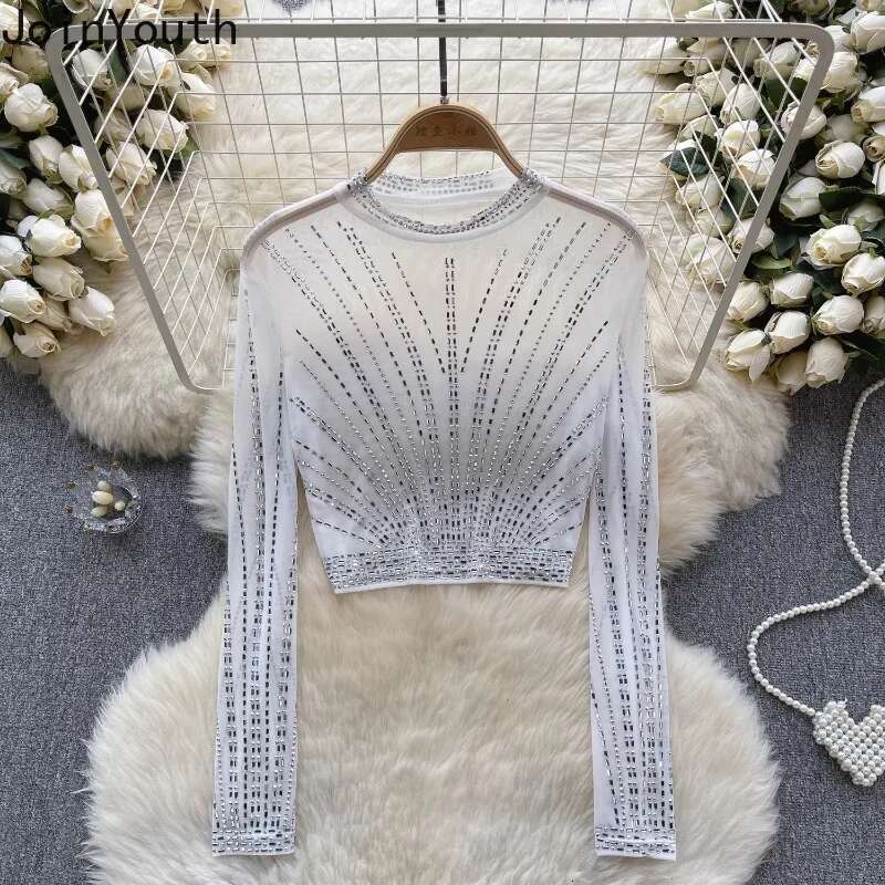 Fashion Tshirts Womens Clothing Heavy Diamond Tunic Tees 2025 Ropa Mujer Crop Tops Sexy See Throught Gauze T Shirt Y2k T-shirt