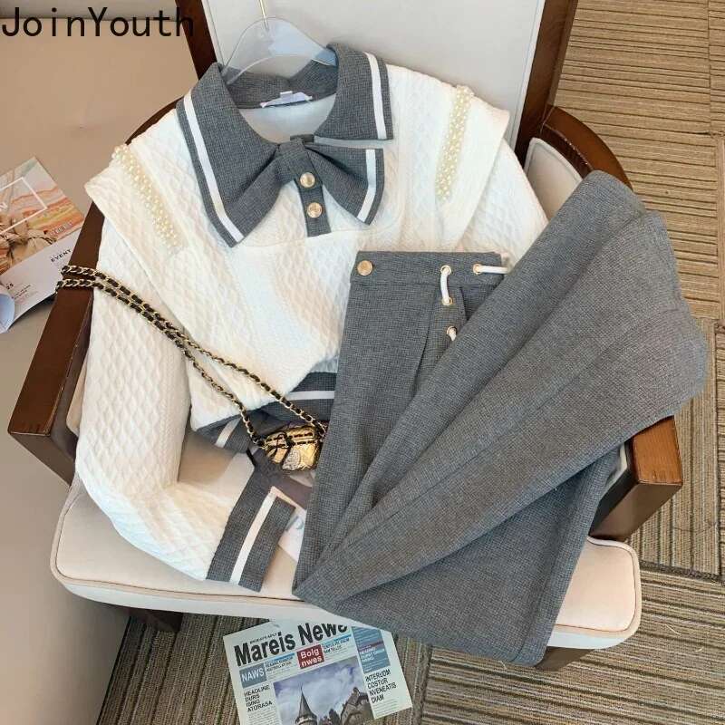 Fashion 2 Piece Sets Women Clothing Sweet Beading Bow Hoodie Tops High Waist Straight Wide Leg Pants Outfits Casual Korean Suit