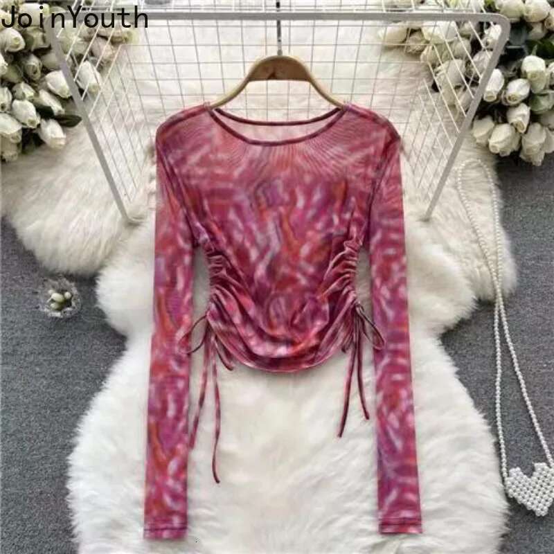 Shirts for Women Korean Vintage T Shirt Tie-dye Fashion Tees Long Sleeve Drawstring Summer T-shirt Crop Tops 2025 Ropa Mujer