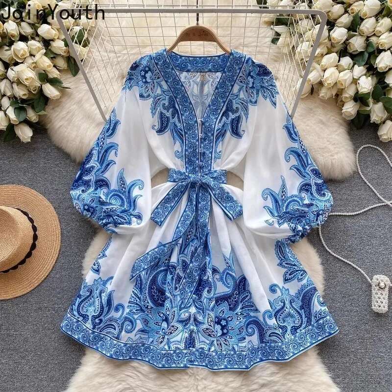 Elegant Robe Femme Floral Summer Dress for Women 2025 Vestidos De Mujer Bandage Tunic Lantern Sleeve Vintage Korean Dresses