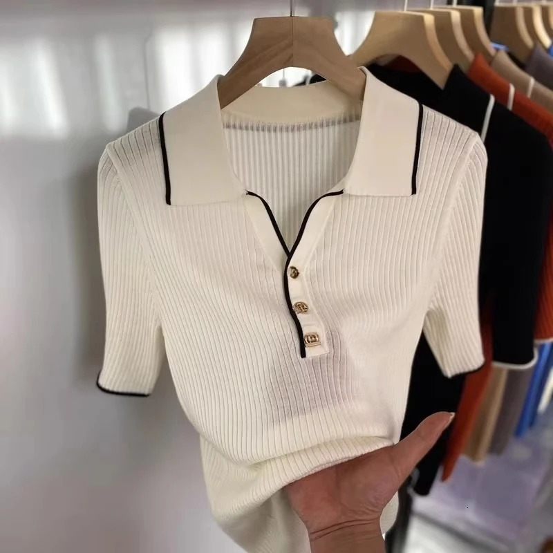 OCEANLOVE Stripes Knitted T Shirt for Women Contrast Color Vintage Spring Summer Ropa De Mujer Fashion Simple Short Tees 250619