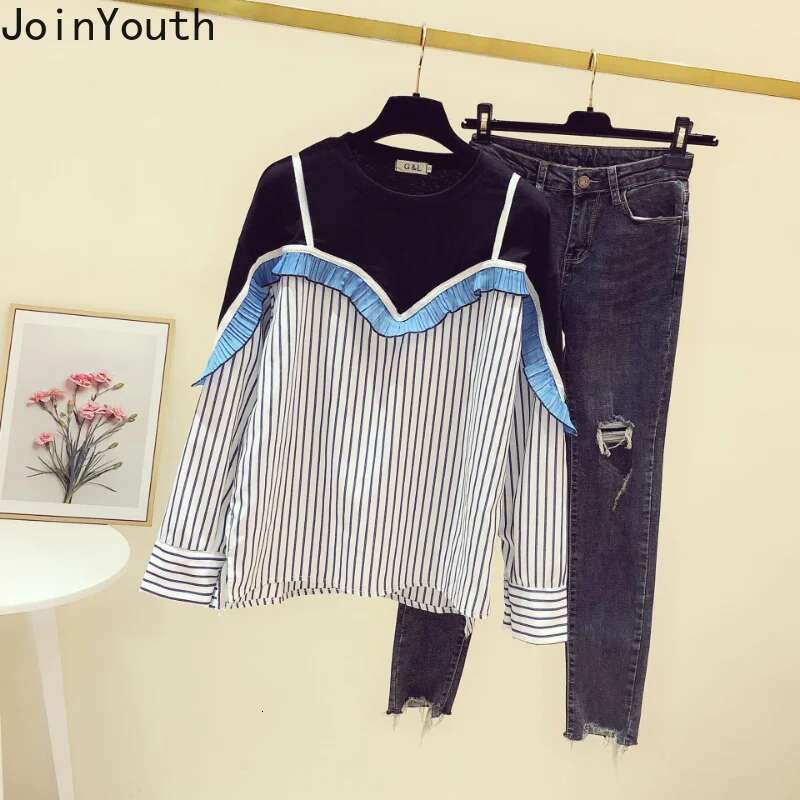Korean Women Shirts 2025 Blusas Mujer De Moda Patchwork Striped Casual Blouses Fashion Fake Two Loose Ruffles Blouse Tops Femme