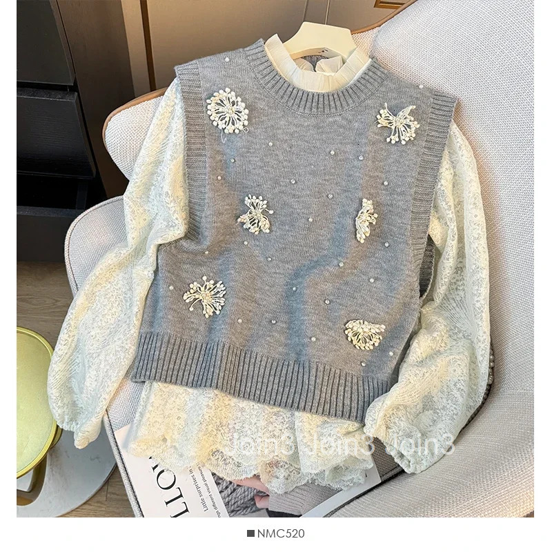 Sweet Vest Sweater Suit Fashion Two Piece Sets Women Clothing Beading 3D Floral Tanks Lace Embroidery Long Sleeve Shirts Outfits