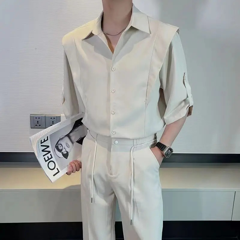 Summer Ice Silk Mens Suits Casual Short Sleeve Shirt And Pants Two-piece Set Ruffled Handsome Draped Korean Style Loose Set 250619