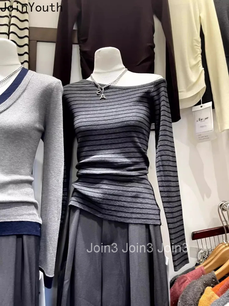 Striped Woman T Shirts Ropa Mujer Slash Neck Tunic Tees Y2k Tops Sexy Off Shoulder Tshirts Korean Camisetas Casual Chic T-shirt
