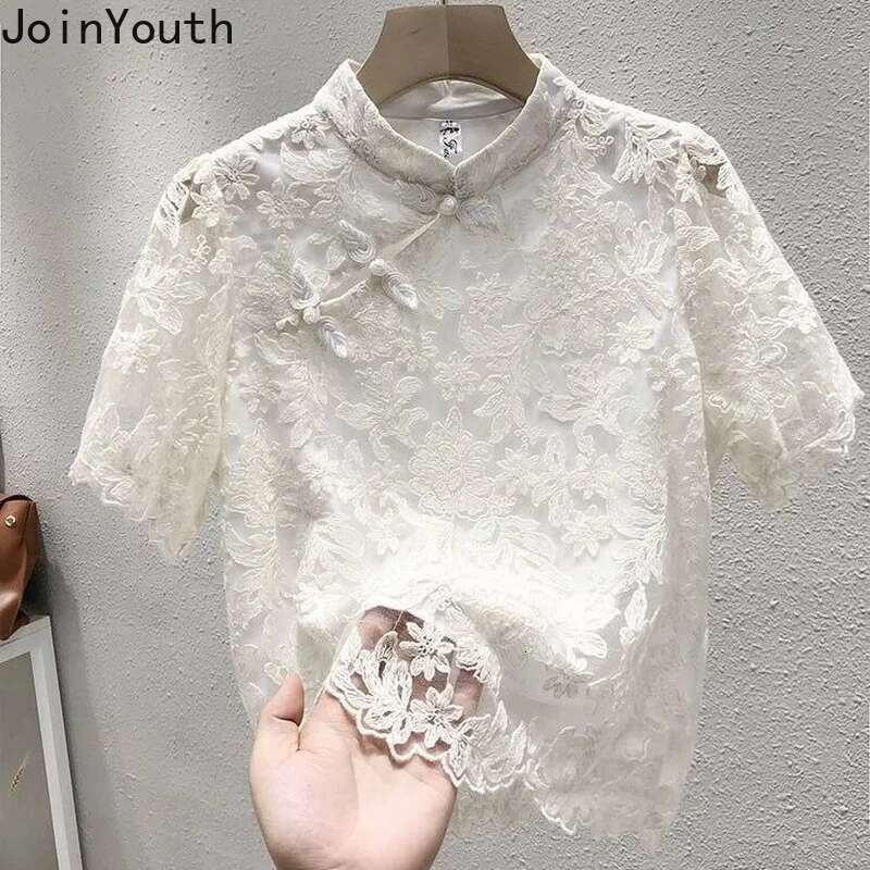 Chiffon Lace Blouse Women Short Sleeve Stand Neck Vintage Shirts 2025 Blusas Mujer De Moda Korean Summer Blouses Tops Femme