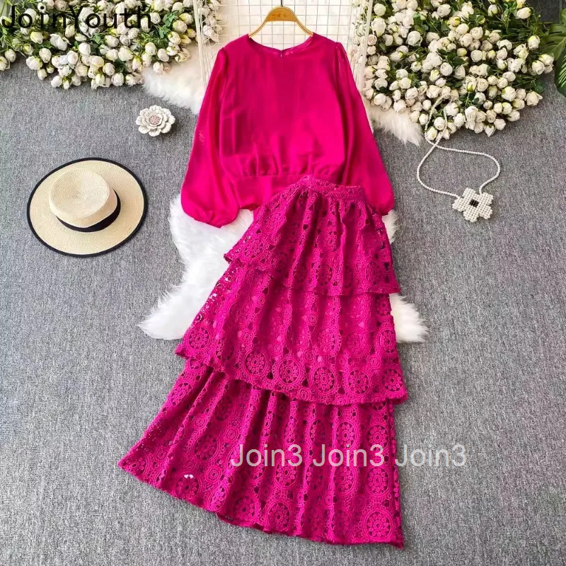 Two Piece Sets 2025 Women Clothing Slim Waist Puff Sleeve O-neck Tops A-line Lace Hollow Out Suit Fashion Summer Outfits 63e510