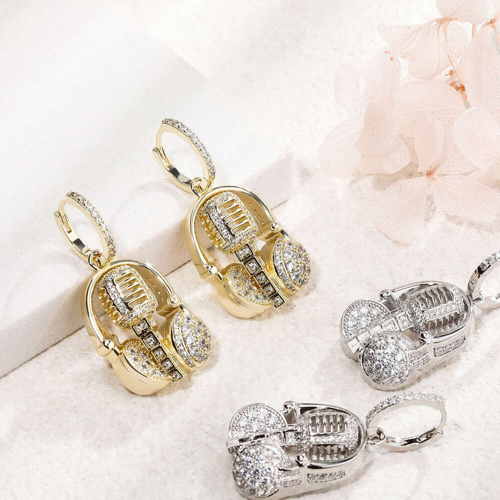 Creative Inlaid Zircon Microphone Hip-Hop Earrings Chinese Style Gold Australian Ear Jewelry