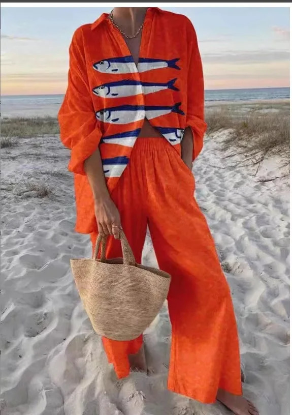 Fashion Casual Printed 2 Piece Set Loose Lapel Long Sleeve Button Shirt High Waist Wide Leg Pants Suit Spring Vacation Style 250617