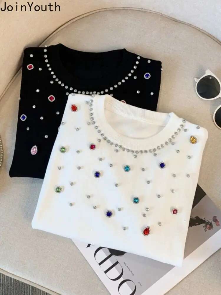 Summer Woman T Shirts Short Sleeve O-neck White Tees Knitted Vintage Tshirt Crop Tops Ropa Mujer Heavy Diamond Fashion T-shirts