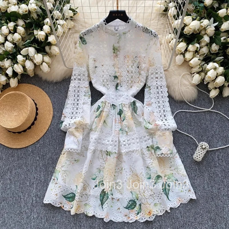 Temperament Robe Femme Chic Dresses for Women 2025 Vestidos De Mujer Slim Waist Floral Hollow Out Elegant Patchwork Lace Dress