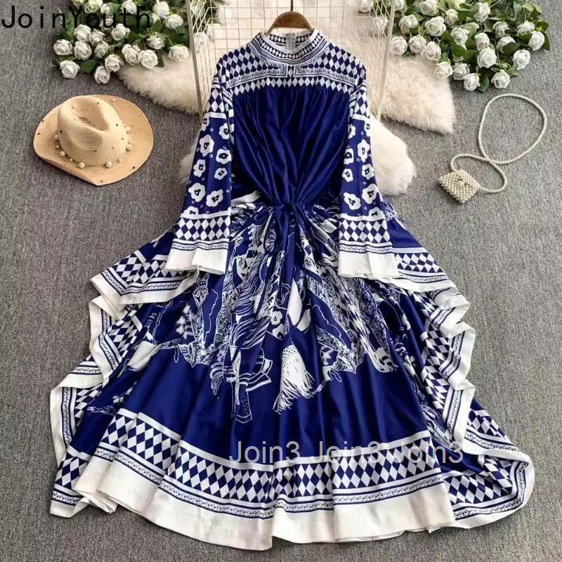 2025 Vestidos De Mujer Maxi Dresses for Womens Stand Neck Floral Print Elegant Summer Dress Loose Vintage Korean Robe Femme