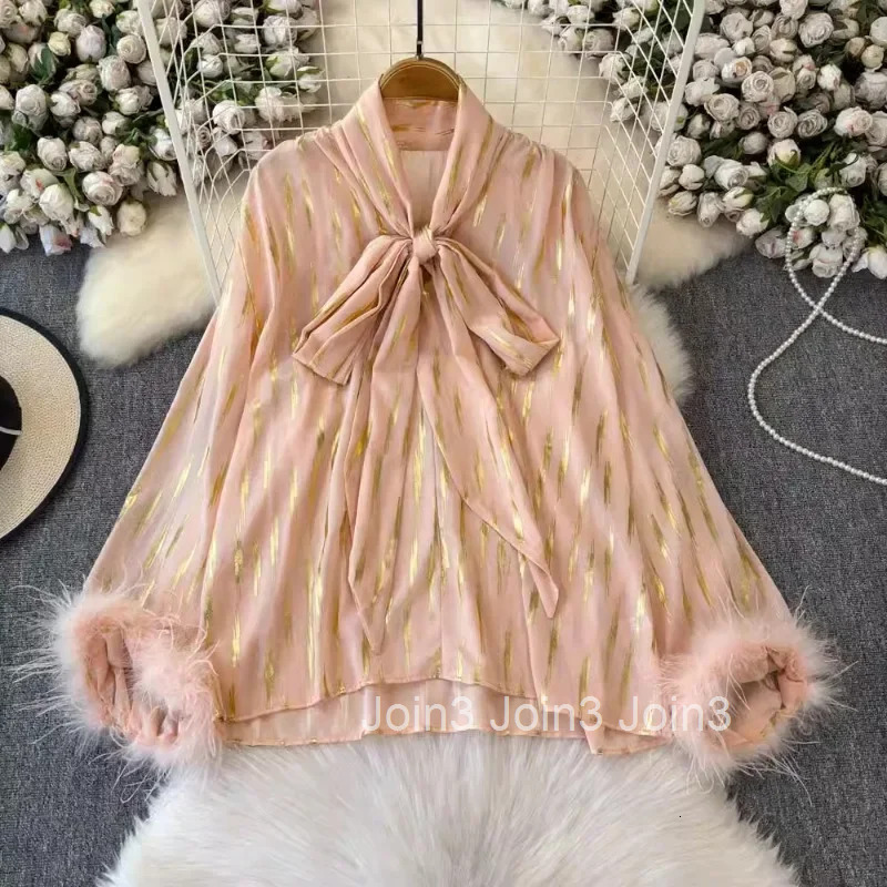 2025 Blusas Mujer De Moda Korean Blouses Women Clothing Patchwork Feather Loose Shirts Vintage Bandage Bow Striped Blouse Tops