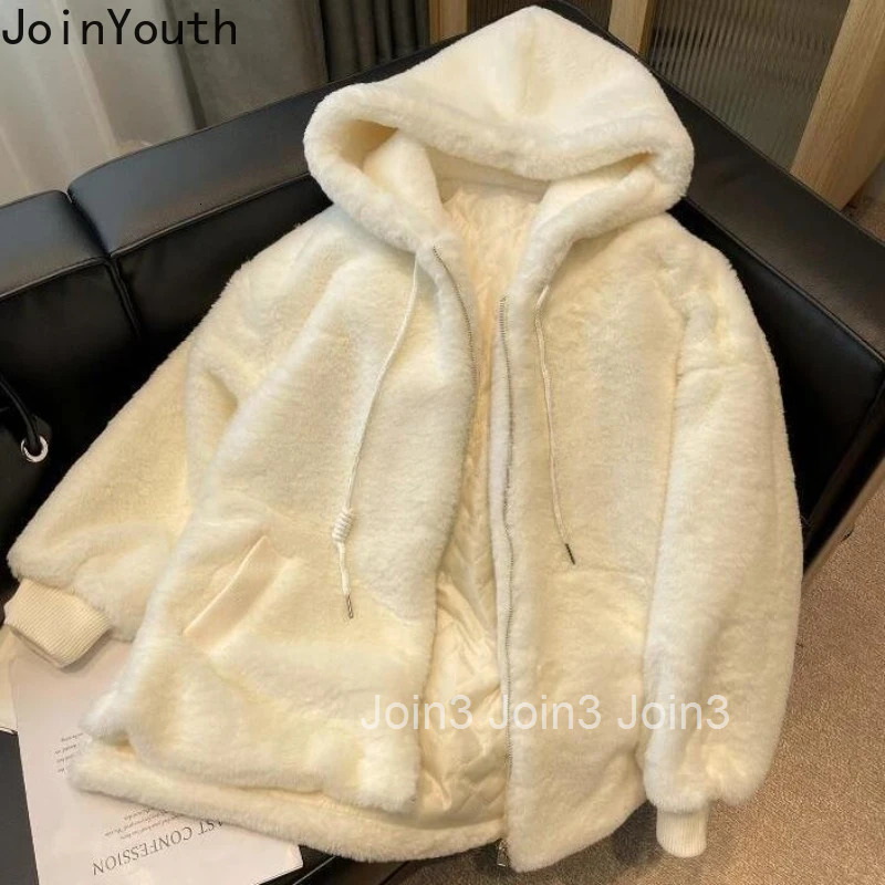 2025 Winter Clothing Hooded Lamb Wool Coat for Women Ropa Mujer Cute White Zipper Outwear Thicked Warm Japanese Y2k Jackets Tops
