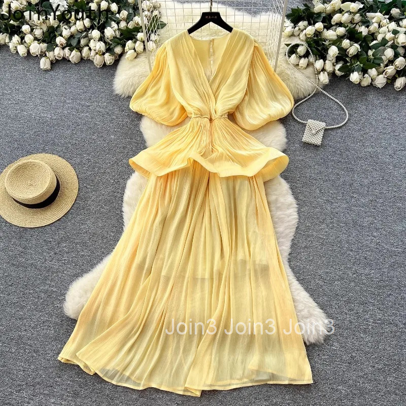 2025 Vestidos De Mujer Summer Dress for Women V-neck Puff Sleeve Slim Waist Robe Femme Ruffles Gauze Temperament Maxi Dresses