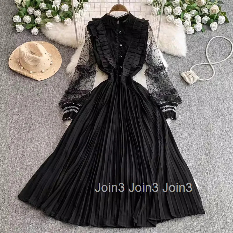 Maxi Dress Womens Clothing Long Sleeve O-neck Ruffles A-line Robe Femme 2025 Vestidos De Mujer Lace Long Sleeve Pleated Dresses