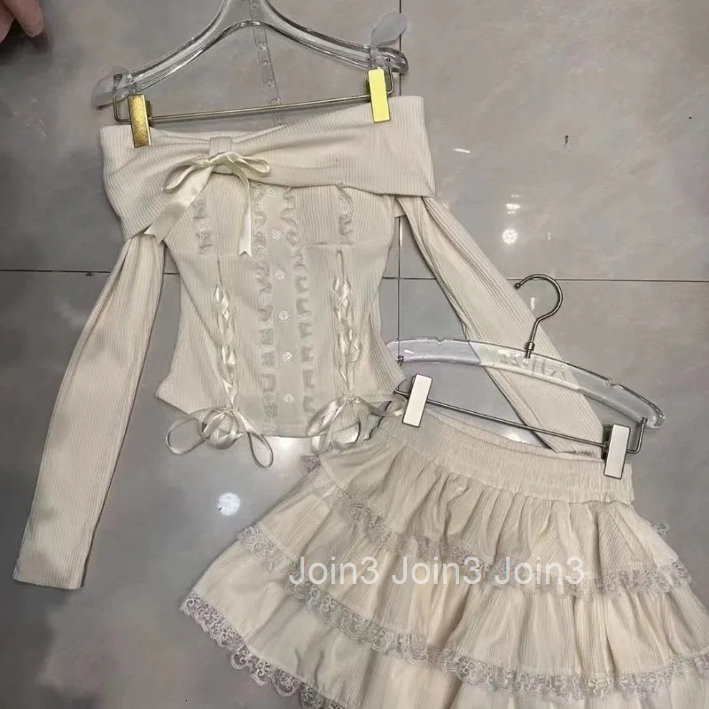 Two Piece Sets Womens Outfits Y2k Clothing Slash Neck Bandage Lace Bow Tops A-line Sweet Mini Skirt Suit Chic Cute Skirts Set