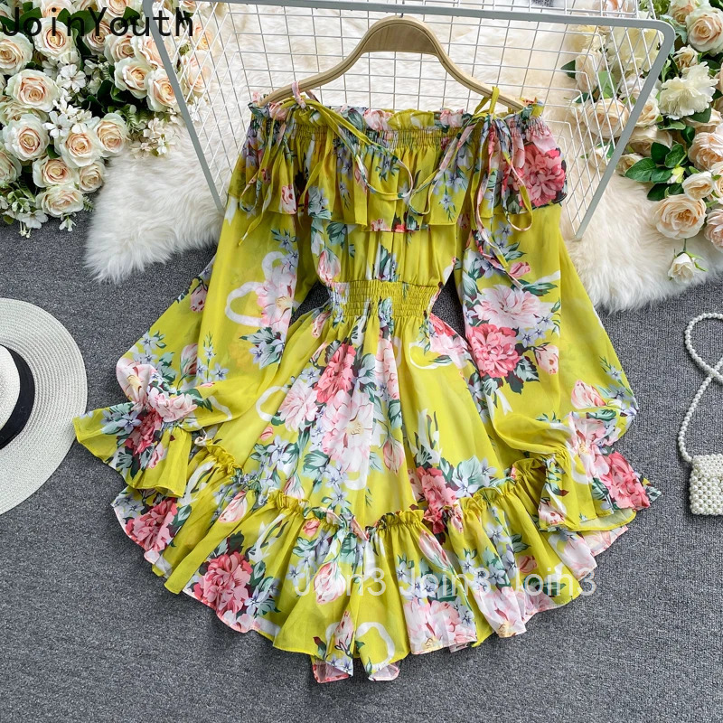 Women Jumpsuit Floral Summer Rompers Slash Neck Bandage Ruffles Wide Leg Pants Playsuit Fashion Off Shoulder Chiffon Jump Suit