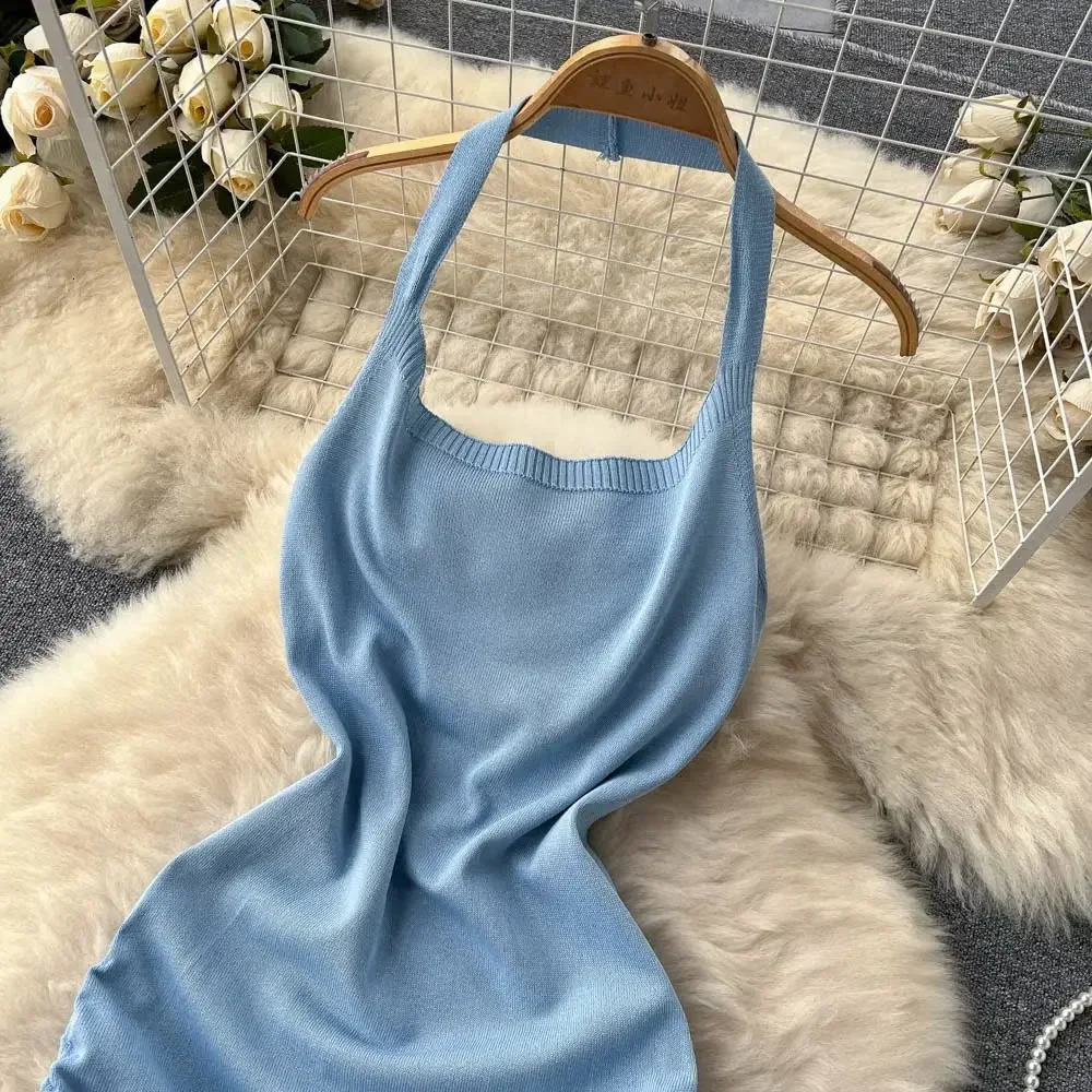 2024 Fashion Y2K Solid Knitted Women Dress Sexy Halter Backless Slim Elastic Bodycon Summer Short MiniDress Streetwear Vestidos 250616