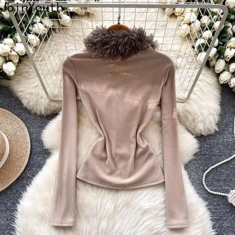 Furry V-neck Tshirts 2025 Women Clothing Tunic Long Sleeve Tees Bandage Solid Color Tees Y2k Tops Korean Fashion Sexy T-shirt