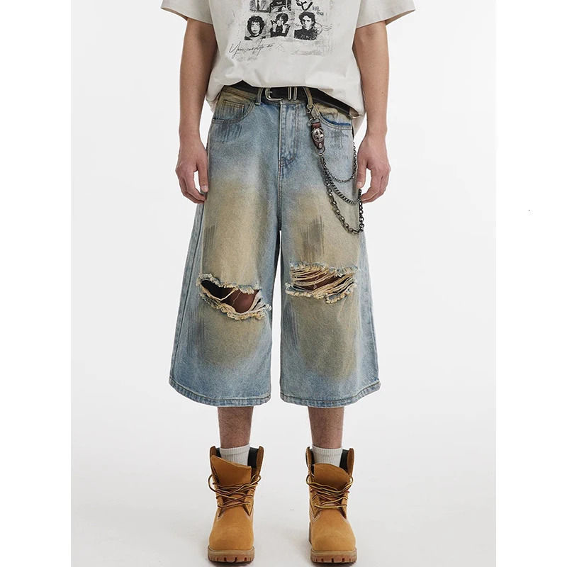 Mens Ripped Denim Shorts Vintage Y2K Knee Length Jean Shorts Streetwear Korean Oversize Cowboy Short Pants 2000s Clothes Summer 250617