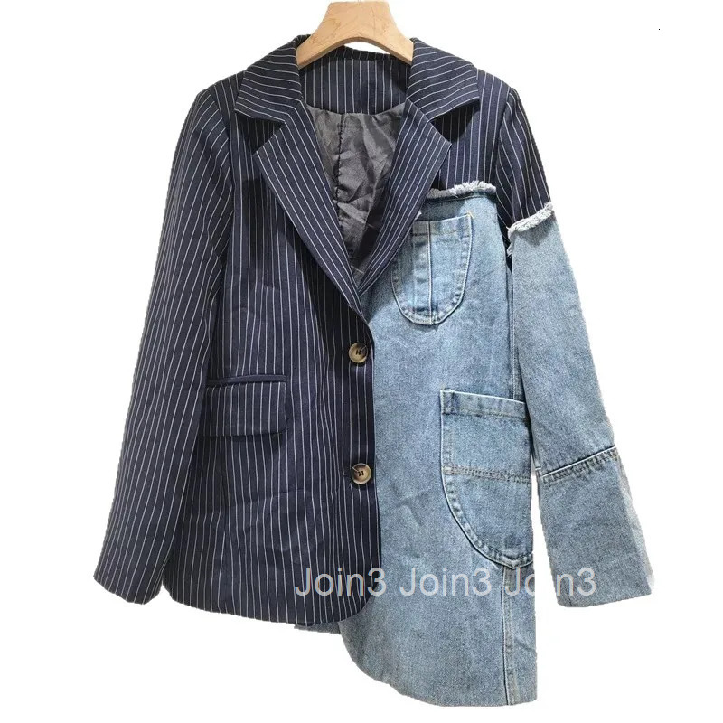 Womens Suit Jacket Striped Patchwork Denim Outwear Streetwear Y2k Tops Fashion Outwear Casual Irregular Coat 2025 Ropa Mujer