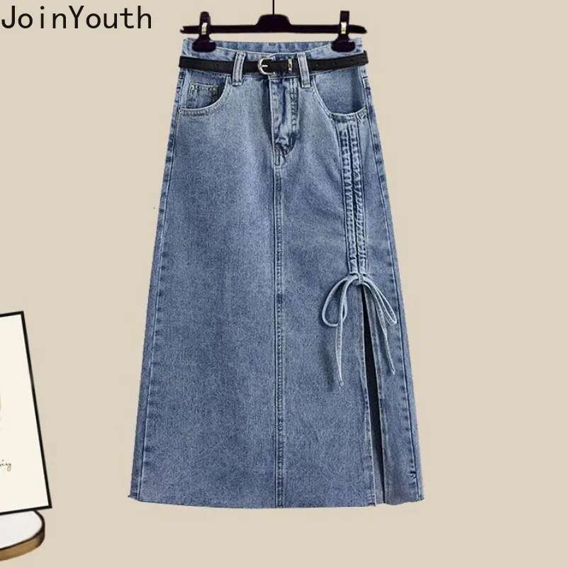 Y2k Fashion Skirt Outfits 3 Piece Sets Womens Clothing Tunic Girdle Slim Waist Shirt High Waist Drawstring Denim Skirts Suit