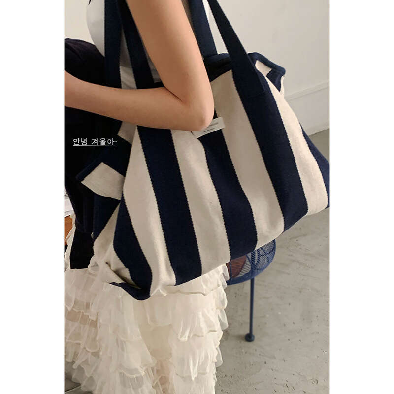 designer bag Korean Style Lazy Wind Underarm 2025 New Casual Striped Canvas Large Capacity Shoulder Shopping Bag