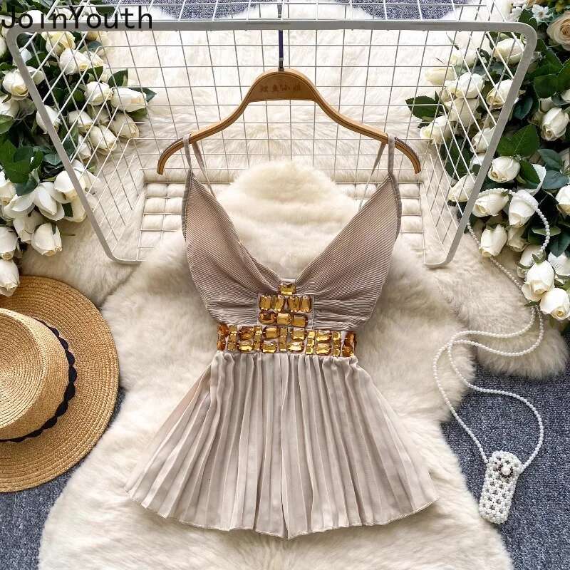 Temperament Vest Womens Clothing Slim Waist Backless Folds Tees Korean Sexy Camis Summer Heavy Diamond Pleated Tanks Ropa Mujer
