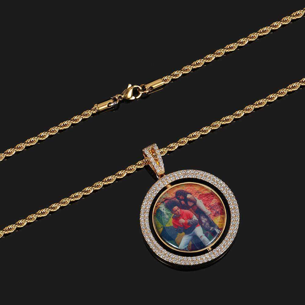 Memory Rotatable Large Double-Sided Round Photo Hip-Hop Pendant Micro-Paved Zircon Hollow Frame Necklace aa09