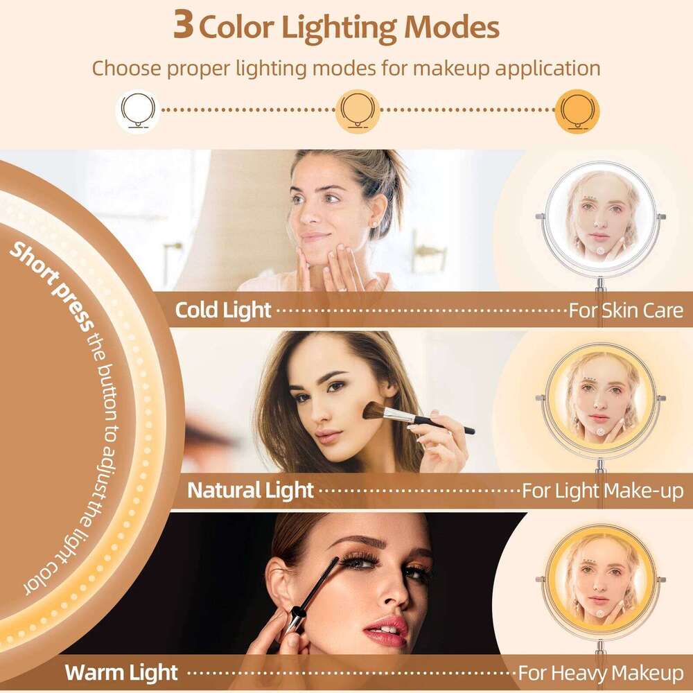 8 Inch Makeup With Light Lamp 10X Magnification 3 Color Lights,Adjustable Brighess Height Standing Cosmetic Mirror