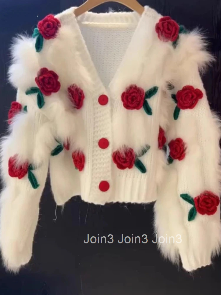 Sweet Sueter Mujer Women Sweater Coat V-neck 3D Floral Knitted Cardigan Tops Fashion Korean Pull Femme 2025 Fall Winter Clothing