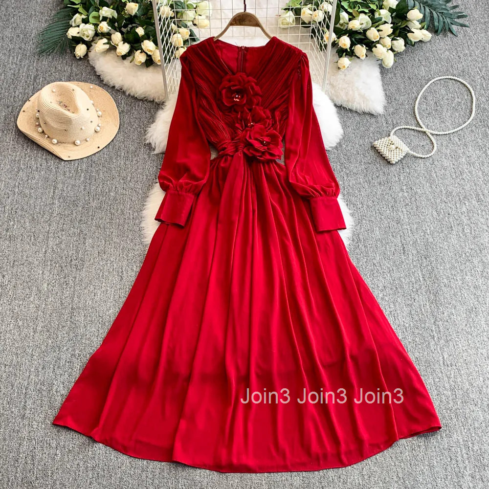 Maxi Woman Dress Slim Waist Temperament Robe Femme 2025 Vestidos De Mujer V-neck Long Sleeve 3D Floral Summer Vintage Dresses