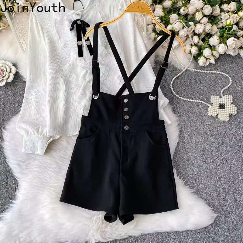 Womens Clothing Summer Two Piece Sets Lace Vintage White Shirt Strap and Jumpsuit Suit Fashion Korean Outfits 2025 Ropa Mujer