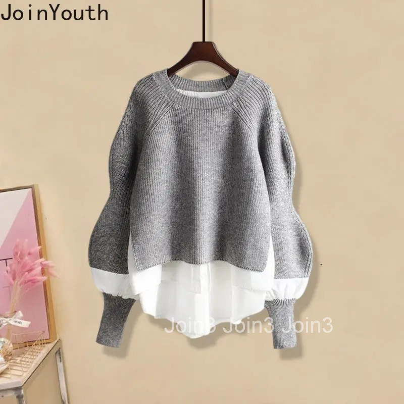 Fall Winter Clothes Fashion Two Piece Sets Women Patchwork Knit Pullovers Slim Fit Denim Pants Outfits Casual Korean Y2k Suit