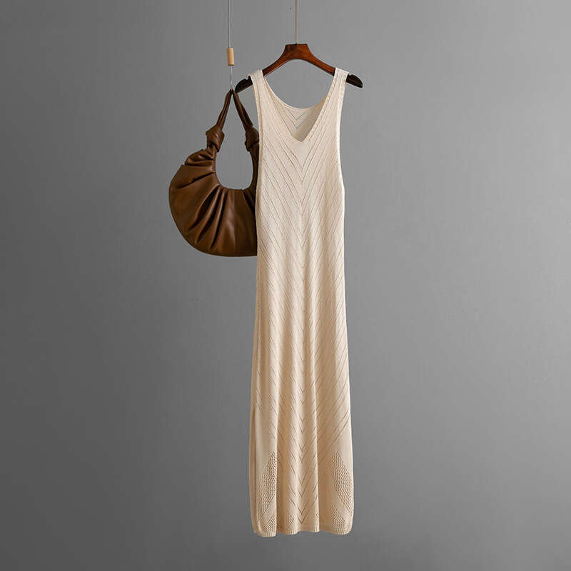 Knitted V-neck Hollow Sexy Split Vacation Long Beach Bikini Cover-up Dress