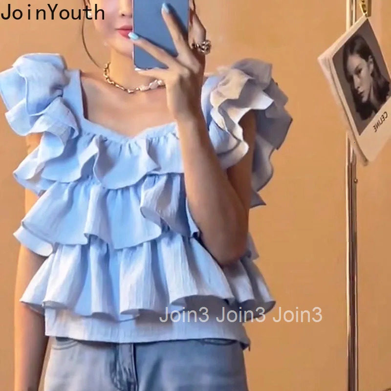 Sweet Crop Tops Summer Chiffon Blouses 2025 Womens Clothing Flying Sleeve Ruffles Fashion Loose Blouse Shirts Camisas De Mujer