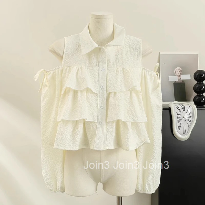 Crop Tops Blouses for Women 2025 Blusas Mujer De Moda Long Sleeve Off Shoulder Shirts Folds Bandage Ruffles Summer Sweet Blouse